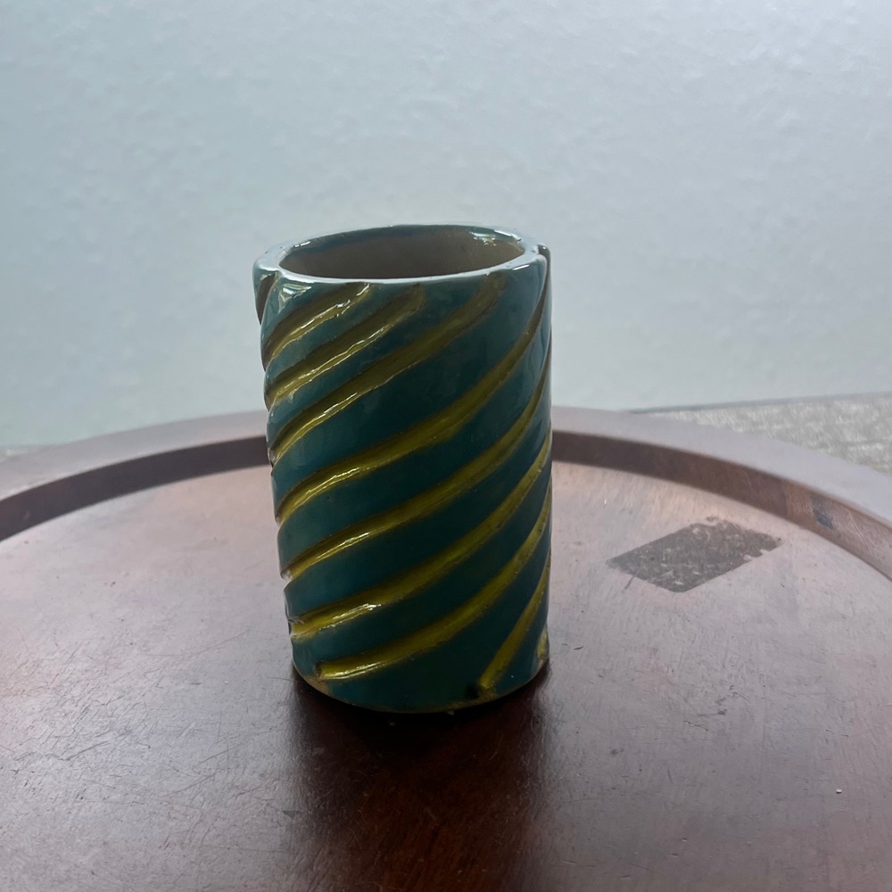 Handmade Studio Pottery Vase Vessel Blue Yellow Ribbed Ceramic Signed Small